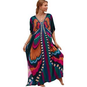 Women 1 Multi Color 100% Polyester V Neck Summer Beach Dresses Cover Caftan Maxi